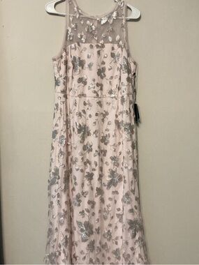 Adrianna Papell Pink W/ Silver Floral Sequin Halter Gown